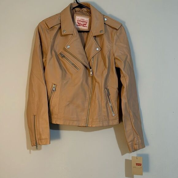 NWT Levi’s Faux Beige Pink Leather Full Zip Moto Jacket M - Picture 1 of 9